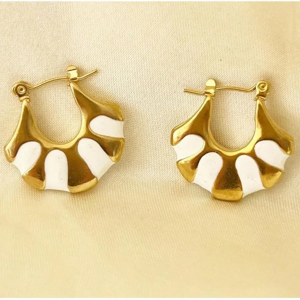 Gold Plated Stunning Egyptian Style Hoop Earrings White Enamel & Gold